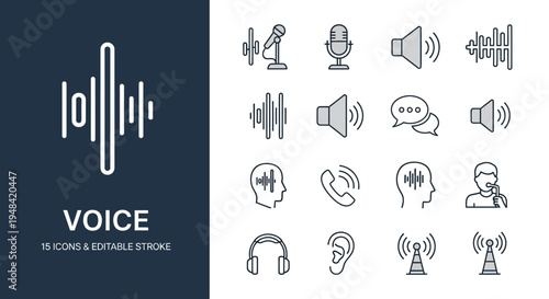 An illustrative collection of modern concept line icons representing voice, audio, sound, speech, and communication technologies, ideal for web and app design