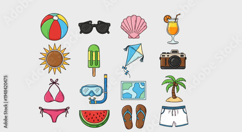 Colorful assortment of summer vacation and beach icons, including sports, travel, and leisure items