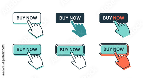Collection of Buy Now buttons with hand cursor icons representing online shopping and e-commerce actions