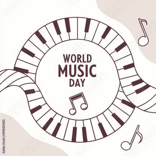 A circular design featuring piano keys and musical notes celebrates world music day with text