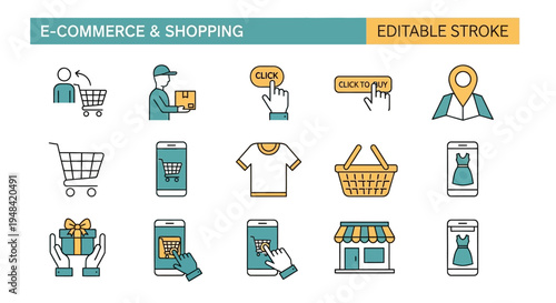 A comprehensive set of modern linear icons illustrating various aspects of e-commerce, shopping experiences, and online transactions, ideal for web and app design