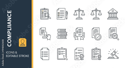 Collection of outline vector icons representing legal compliance, regulatory frameworks, business ethics, and justice concepts, suitable for modern design projects and digital interfaces