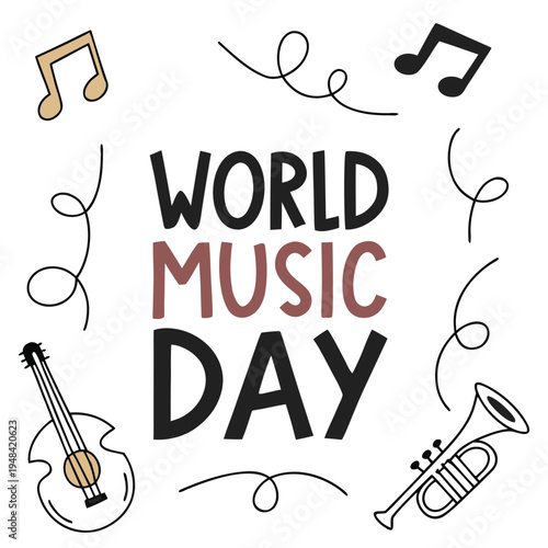 A colorful illustration celebrates world music day with musical notes instruments and swirling lines