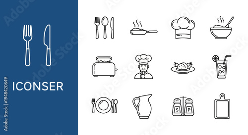 Diverse set of culinary and cooking icons, illustrating essential kitchen utensils, restaurant tools, and dining elements for food-related designs