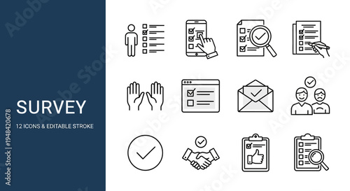 Survey Icons Collection of 12 Icons Representing Feedback, Customer Satisfaction, and Data Collection for Business