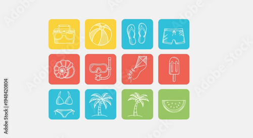 Summer Vacation Icons Beach, Travel, and Outdoor Activities Collection
