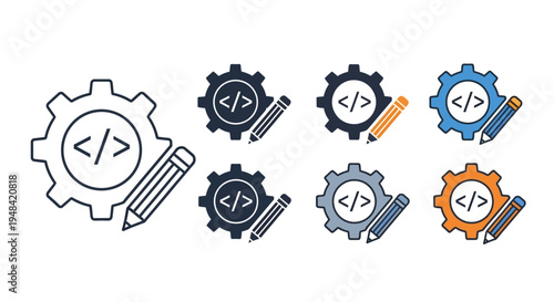 Set of programming and coding icons with gears, code symbols and pencils representing development process and software creation