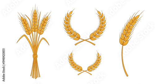 Golden wheat stalks and wreaths, symbolizing harvest, agriculture, and natural grains for food and bread production
