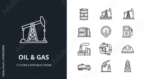 Modern collection of outline icons representing the oil and gas industry, including extraction, production, and fuel-related elements for various applications, designed with editable strokes