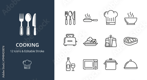 Cooking icons set, including cutlery, chef hat, toaster, plate, steak, wine bottle, microwave, and pot