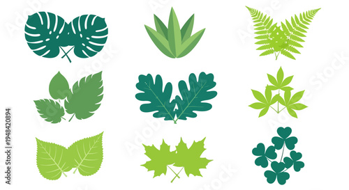 A versatile collection of stylized green leaf illustrations, embodying the essence of nature and organic growth, perfect for eco-friendly designs and botanical creative projects