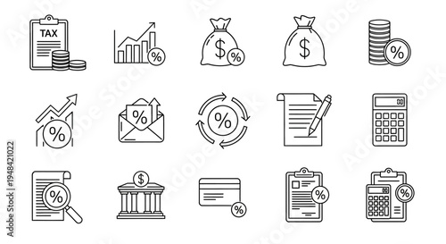 Set of financial icons representing taxes, loans, credit, money, and investments for business or personal finance