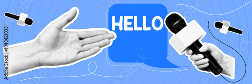 Halftone pop art dot hand gesture pointing finger microphone interview hello speech bubble communication vector illustration