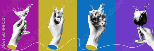 halftone, pop, art, dot, hand, glass, cocktail, wine, drink, beverage, splash, liquid, alcohol, bar, party, celebration, refreshment, restaurant, menu, hospitality, luxury, lifestyle, toast, vintage, 