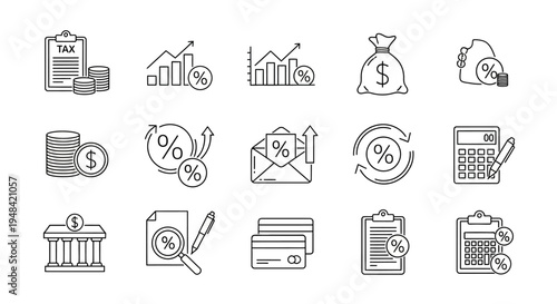 Collection of icons depicting financial concepts such as taxes, banking, credit cards, loans, and investment growth charts