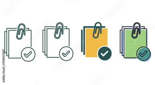 Efficient Task Completion and Document Management Vector Icons Featuring Organized Notes, Paperclips, and Checkmarks for Approval and Success
