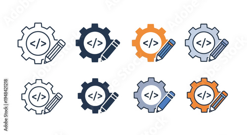 Programming Development Settings and Customization Icon Set, Coding Configuration and Edit Symbol, System Gear with Code Tag and Pencil Vector Illustration