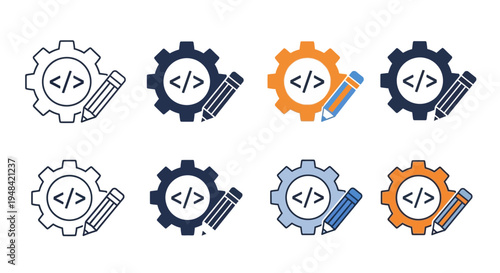 Versatile collection of programming and development icons, illustrating software configuration, code editing, and system customization, perfect for technology interfaces and digital project management