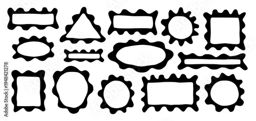 Abstract irregular organic set with black cute vector shape frame box. Hand drawn rough collage with wavy background. Text rectangle banner with figure graphic shape