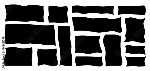 Rectangle irregular organic set with black cute vector shape frame box. Hand drawn rough collage with abstract wavy background. Text rectangle banner with figure graphic shape