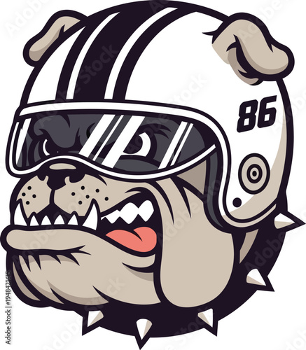 Cartoon Bull Dog with Motorcycle Helmet and Number 86 Mascot Illustration