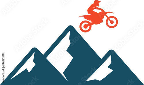Adventurous motocross rider jumping over mountain peaks illustration