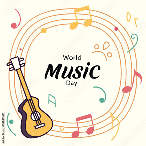 A vibrant illustration celebrates world music day with a guitar musical notes and colorful decorative elements
