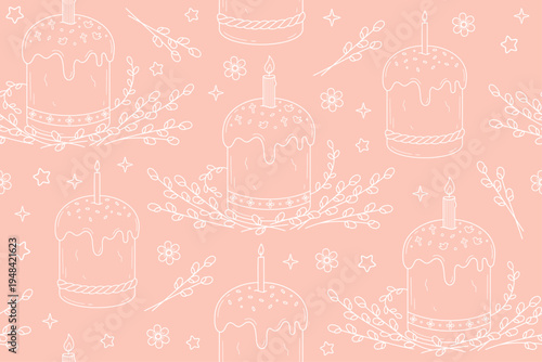Seamless background for Easter holiday. Happy Easter! Contour drawing of Easter cake with candle and willow branches. White linear drawings on pastel background. Vector illustration