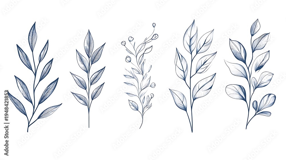 Fototapeta premium Leaf silhouettes, vector collection, diverse leaves shapes, nature elements. Ideal for eco friendly brand aesthetics, botanical illustrations, educational materials, artistic designs, decorations.