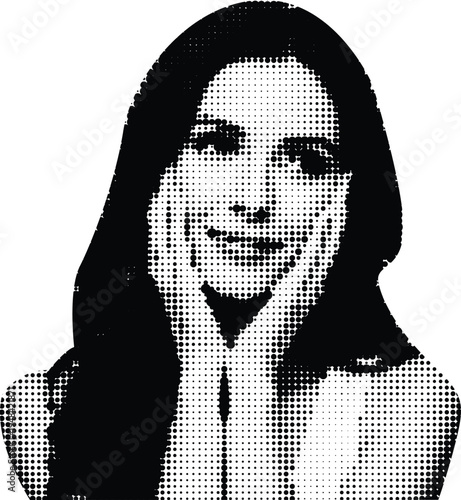 A high contrast halftone portrait of a woman with long dark hair created with black dot patterns Vector