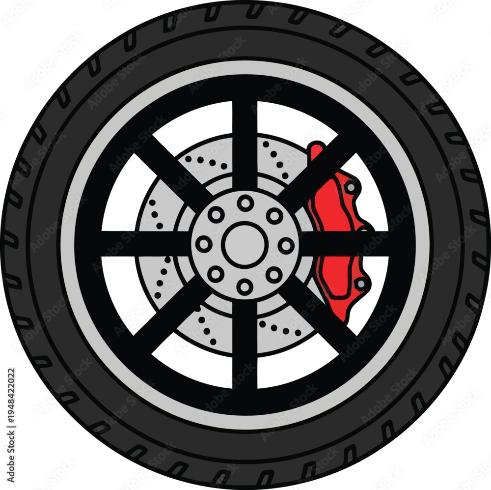 Obraz premium Modern Minimalist Car Wheel with Brake Caliper Diagram Illustration