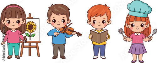 Set of cute cartoon children engaged in various hobbies, painting, playing violin, reading book, and cooking, kids education vector illustration.