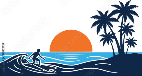 Surfer Riding Wave at Sunset with Palm Trees Silhouette Vector Illustration