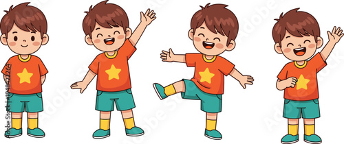 Set of happy cartoon boy characters in various poses waving, standing, and playing, wearing orange star shirt for childhood education.