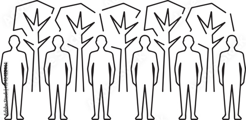 six men standing in a row between abstract tree shapes. one line art icon drawing vector