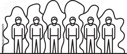 six men standing in a row between abstract tree shapes. one line art icon drawing vector