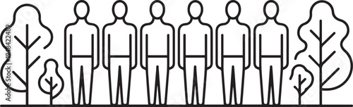 six men standing in a row between abstract tree shapes. one line art icon drawing vector