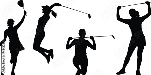 Athletic female golfers captured in various dynamic poses with golf clubs during gameplay silhouette