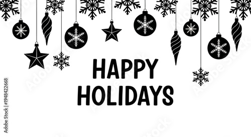 Black Holiday Ornaments and Snowflakes Hanging.