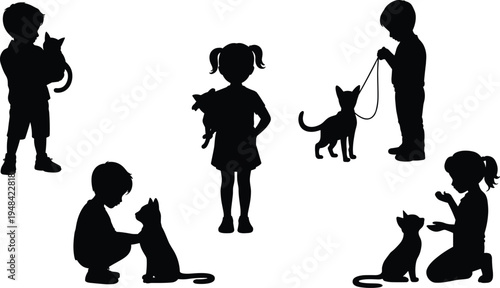 Children interacting with cats in various playful and gentle poses, fostering animal companionship