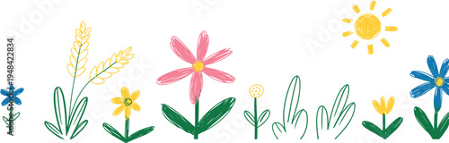 Childlike crayon of colorful flowers, green leaves, and a yellow sun on a white background, evoking a sense of simple joy
