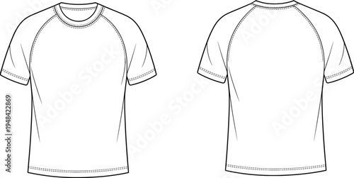 Clean white short sleeve raglan t-shirt template front and back view with detailed stitching for apparel and fashion