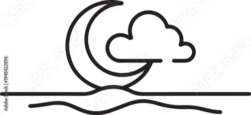crescent moon peeking from behind a cloud against a simple wavy horizon. one line art icon drawing vector