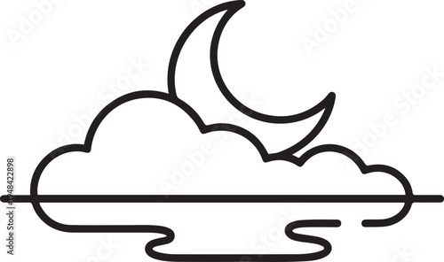 crescent moon peeking from behind a cloud against a simple wavy horizon. one line art icon drawing vector