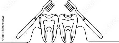 dental x ray featuring a pair of human teeth and tooth brushes. one line art icon drawing vector