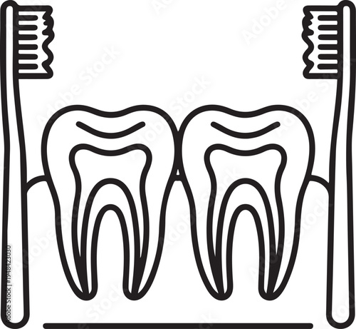 dental x ray featuring a pair of human teeth and tooth brushes. one line art icon drawing vector