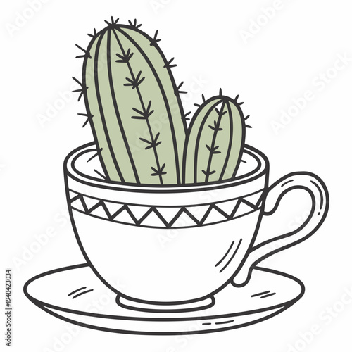 Cactus in a white teacup on a saucer with green spines