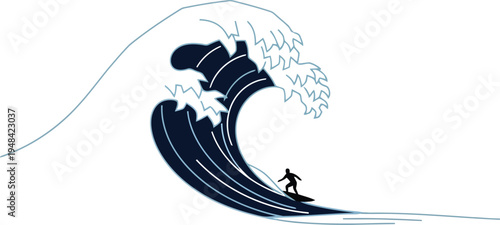 Surfer Riding a Massive Wave in Black and White Illustration