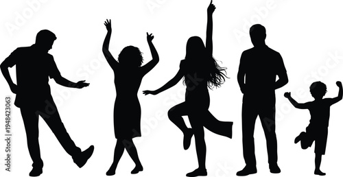 Diverse family silhouettes celebrating and dancing joyfully together in a dynamic group pose against a white background