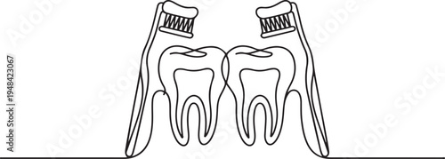 dental x ray featuring a pair of human teeth and tooth brushes. one line art icon drawing vector